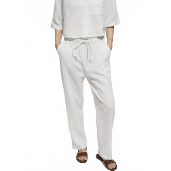 Mango 100% Cotton Gauze Elastic Waist Cotton Pants Off White NWT Medium - Picture 1 of 8